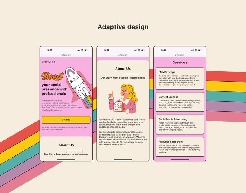 May include: A mobile phone screen displaying a website for a social media marketing company called BoostSocial. The website features a rocket ship illustration, a call to action button that says "Get Free", and a section titled "About Us".