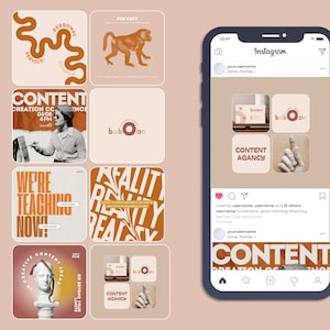 May include: An Instagram post mock-up with several graphic design examples. The designs include text such as "Personal Service", "Fun Fact", "Content Creation Conference", and "We're Teaching Now!" The colour scheme is mainly beige and brown.