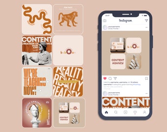 May include: A mock-up of an Instagram post featuring various graphic design elements. The design includes text such as "Personal Service", "Fun Fact", "Content Creation Conference", and "We're Teaching Now!" The color palette is primarily beige and brown.