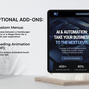 May include: A digital tablet displays the text "AI & AUTOMATION: TAKE YOUR BUSINESS TO THE NEXT LEVEL." The tablet is on a white and beige platform. The text below the title reads "Leverage artificial intelligence and automation to scale, reduce costs, and increase profits."