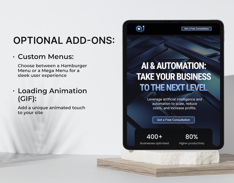 May include: A digital tablet displays the text "AI & AUTOMATION: TAKE YOUR BUSINESS TO THE NEXT LEVEL." The tablet is on a white and beige platform. The text below the title reads "Leverage artificial intelligence and automation to scale, reduce costs, and increase profits."