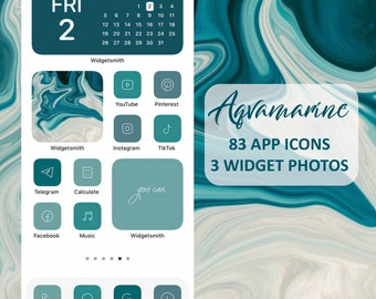 83 Aquamarine iOS 14 App Icons Blue Bright Mood Widget Cover Widgetsmith Aesthetic Minimal Pack Iphone Apple Icons Set Shortcut Aqua