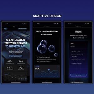 May include: Three smartphone screens displaying a dark blue and black interface. The first screen shows "AI & AUTOMATION: TAKE YOUR BUSINESS TO THE NEXT LEVEL". The second screen shows "AI SOLUTIONS THAT TRANSFORM YOUR BUSINESS". The third screen shows "PRICING".