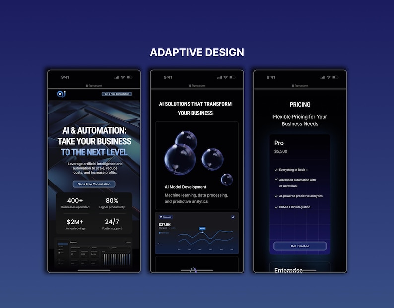 May include: Three smartphone screens displaying a dark blue and black interface. The first screen shows "AI & AUTOMATION: TAKE YOUR BUSINESS TO THE NEXT LEVEL". The second screen shows "AI SOLUTIONS THAT TRANSFORM YOUR BUSINESS". The third screen shows "PRICING".