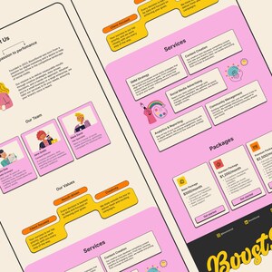 May include: A pink and white website design for a social media marketing company called Bovet Social. The website features a section about the company, a team page, a list of services, and pricing packages.