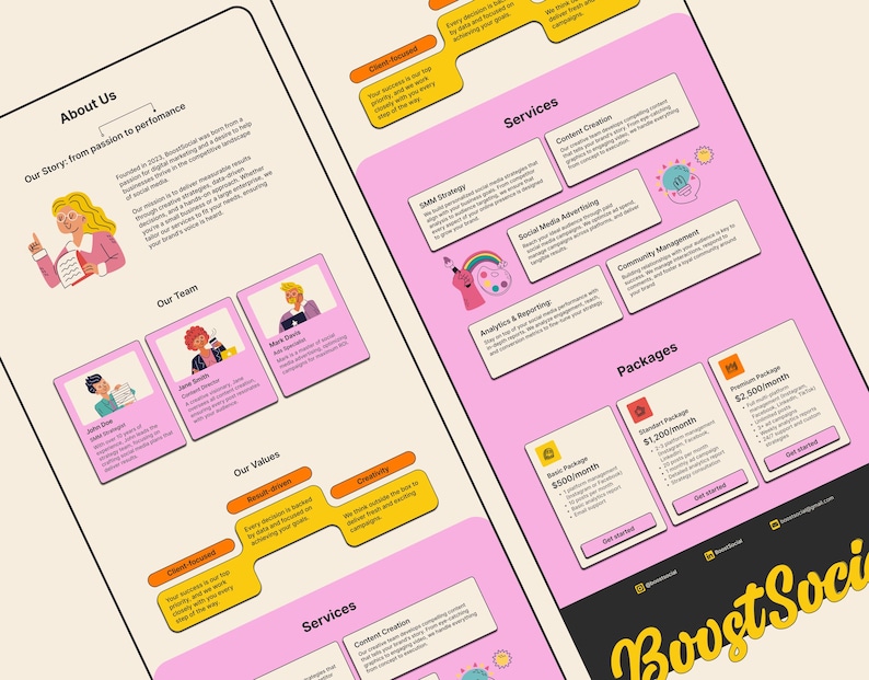 May include: A pink and white website design for a social media marketing company called Bovet Social. The website features a section about the company, a team page, a list of services, and pricing packages.