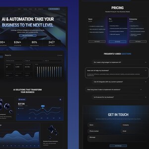 May include: A dark blue website layout with the text "AI & AUTOMATION: TAKE YOUR BUSINESS TO THE NEXT LEVEL". The page includes data visualizations, pricing options, and a contact form. The layout is designed for business solutions.