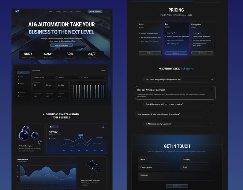 May include: A dark blue website layout with the text "AI & AUTOMATION: TAKE YOUR BUSINESS TO THE NEXT LEVEL". The page includes data visualizations, pricing options, and a contact form. The layout is designed for business solutions.