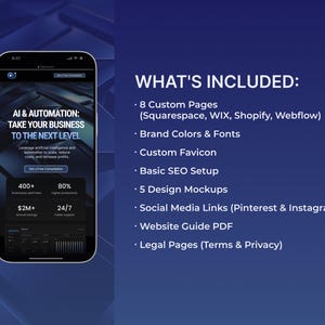 May include: A smartphone displays a website design with the text "AI & AUTOMATION: TAKE YOUR BUSINESS TO THE NEXT LEVEL." The image includes a list of services: custom pages, brand colors, SEO setup, design mockups, social media links, and legal pages.