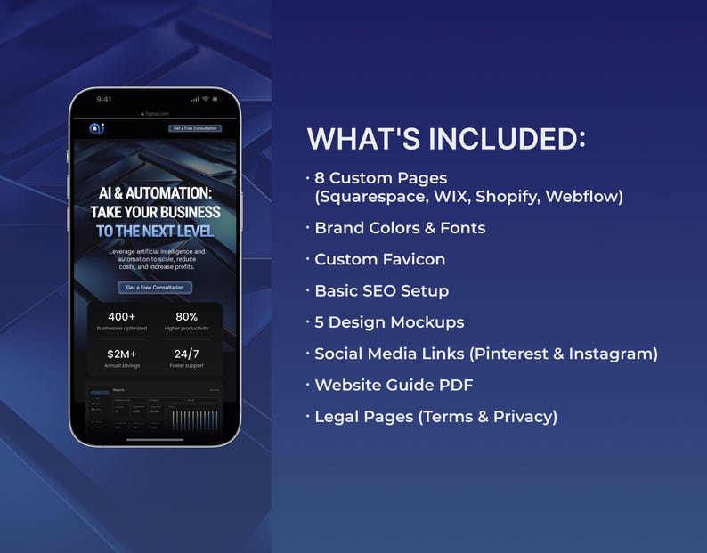 May include: A smartphone displays a website design with the text "AI & AUTOMATION: TAKE YOUR BUSINESS TO THE NEXT LEVEL." The image includes a list of services: custom pages, brand colors, SEO setup, design mockups, social media links, and legal pages.