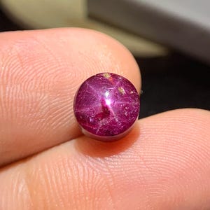 May include: A polished ruby gemstone with a star effect. The gem is a deep red colour with a six-rayed star pattern visible on its surface. The ruby is held between fingers, showcasing its size and colour. The gem is approximately 1 cm in diameter.