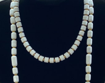 Two Vintage White Lucite Bead with Gold Tone Oval Spacers Necklaces and Choker, Mid Century, Fashion Jewelry, Costume Jewelry 1990ies