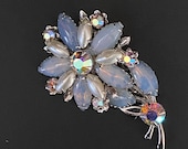 Vintage Climbing Clusters Opalescent Blue Purple Pearl Chrystal Mid Century Flower Brooch