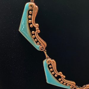 Rare Vintage Matisse Enamel on Copper/Turquoise Filigree Venezia Necklace and matching Screw-Back Earrings, Hand-made, Signed, Demi Parure image 3