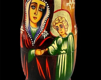 Vintage Russian Orthodox Icon Nesting Dolls – Hand-Painted Matryoshka Set, Virgin Mary & Christ Child