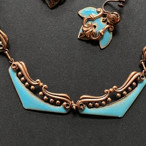 Rare Vintage Matisse Enamel on Copper/Turquoise Filigree Venezia Necklace and matching Screw-Back Earrings, Hand-made, Signed, Demi Parure image 8