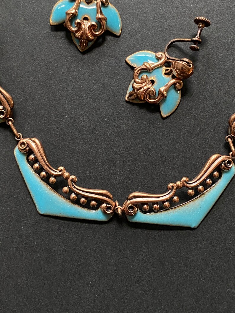 Rare Vintage Matisse Enamel on Copper/Turquoise Filigree Venezia Necklace and matching Screw-Back Earrings, Hand-made, Signed, Demi Parure image 8