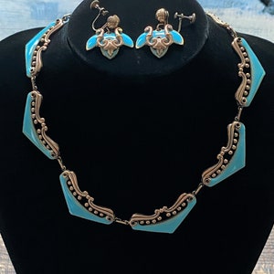 Rare Vintage Matisse Enamel on Copper/Turquoise Filigree Venezia Necklace and matching Screw-Back Earrings, Hand-made, Signed, Demi Parure image 5