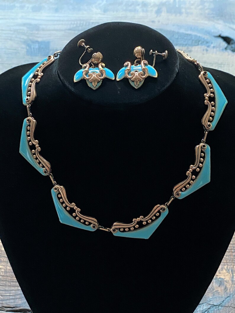 Rare Vintage Matisse Enamel on Copper/Turquoise Filigree Venezia Necklace and matching Screw-Back Earrings, Hand-made, Signed, Demi Parure image 5