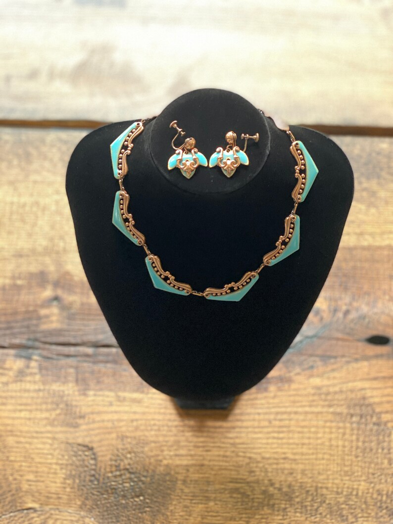 Rare Vintage Matisse Enamel on Copper/Turquoise Filigree Venezia Necklace and matching Screw-Back Earrings, Hand-made, Signed, Demi Parure image 1