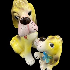 Vintage Norcrest A45 Ceramic Dog Duo, Mid-1950s Japan, Large & Small Sitting Dogs with Bows&quot;, Mid-Century Dog Figurines, Anthropomorphic Dog