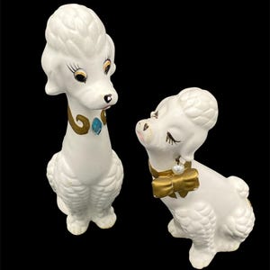 Vintage Napcoware Japan White Poodle Figurine Pair, 1950s Ceramic Dog Figurine w/Pearl Earrings & Gold Collar, Mid-Century Poodle Figurines