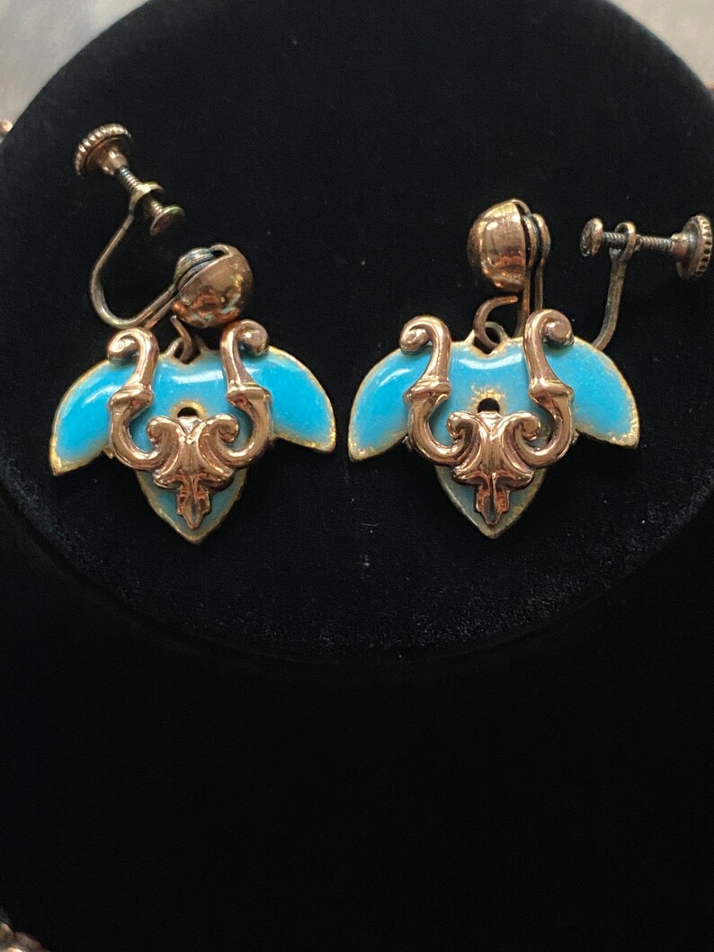 Rare Vintage Matisse Enamel on Copper/Turquoise Filigree Venezia Necklace and matching Screw-Back Earrings, Hand-made, Signed, Demi Parure image 2