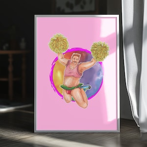 Poster unico di un uomo peloso vestito da cheerleader - Illustrazione con tecnica mista - Regalo per uomo gay - Vari formati