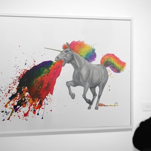 Stampa artistica "Unicorno" - Disegno a matita con arcobaleno colorato - Disegno divertente - Arte gay - Regalo per lui