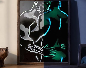 Tableau phosphorescent « En sécurité dans ces bras », art gay, décoration murale queer, édition limitée 23 x 30 cm, cadeau pour hommes gays