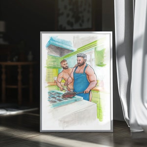 Stampa d'arte "Cooking" - Coppia maschile che cucina - Grafica per uomini gay - Disegno con pennarello Copic - Regalo per uomo