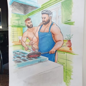 Gay couple cooking “Cooking” - Copic drawing - Gay art - A3