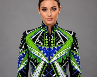 Chaqueta de exhibición con diamantes de imitación de zafiro esmeralda / Ropa de competición ecuestre personalizada