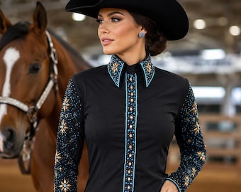 Black Horsemanship Shirt Women, Crystal Western Show Jacket, Equestrian Competition Apparel