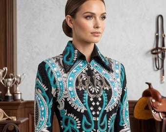 Western Crystal Embellished Showmanship Jacket – Teal Paisley Bling, Stretch Fit