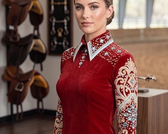 Red Velvet Western Show Shirt – Custom Rhinestone Horsemanship Jacket, Equestrian Apparel