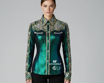 Camisa vaquera metalizada verde esmeralda: blusa ecuestre con bordado de diamantes de imitación