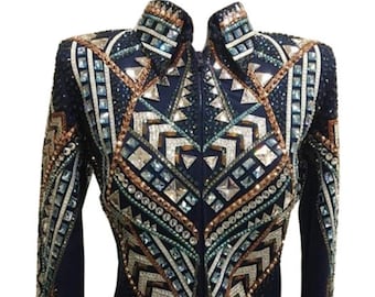 Women's Equestrian Show Jacket: Rose Gold & Black Crystal Riding Jacket