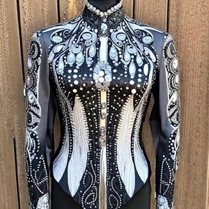 Silver with black base Western Custom Rodeo Queen Showmanship Horsemanship Western Pleasure Show Shirt Women Rail Jacket Showmanship Jacket