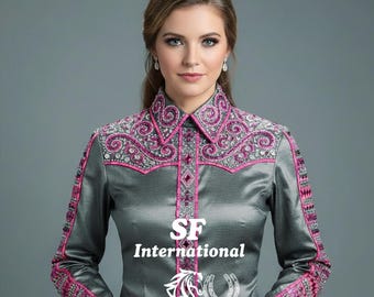 Camisa rosa y gris para espectáculos del oeste: blusa bordada de reina del rodeo