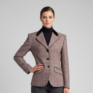 Women's Tweed Hunt Coat - Plaid Equestrian Riding Jacket with Velvet Collar - English Show Jumping Blazer - Fox Hunting Apparel