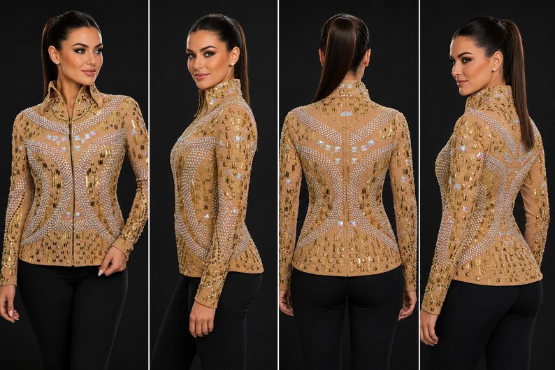 Rhinestone Western Show Jacket, Champagne Base, Gold Embellished Equestrian Apparel image 3