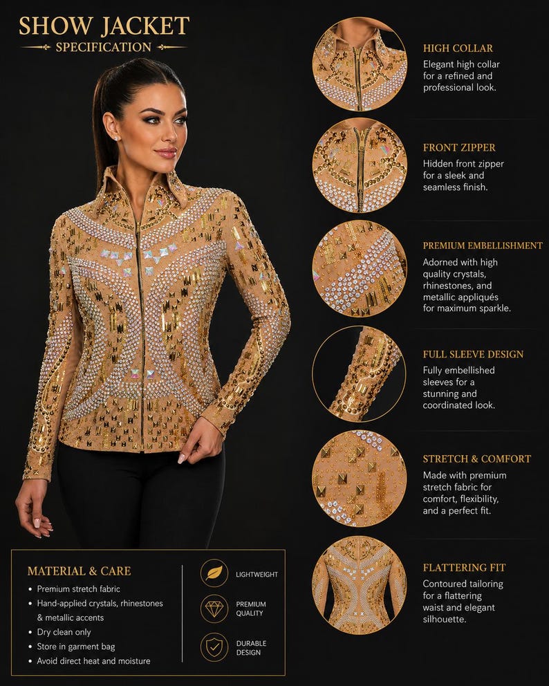 Rhinestone Western Show Jacket, Champagne Base, Gold Embellished Equestrian Apparel image 2