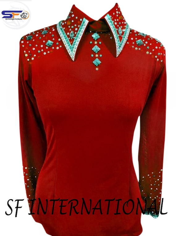 Red Rhinestone Western Show Shirt, Custom Horse Show Apparel