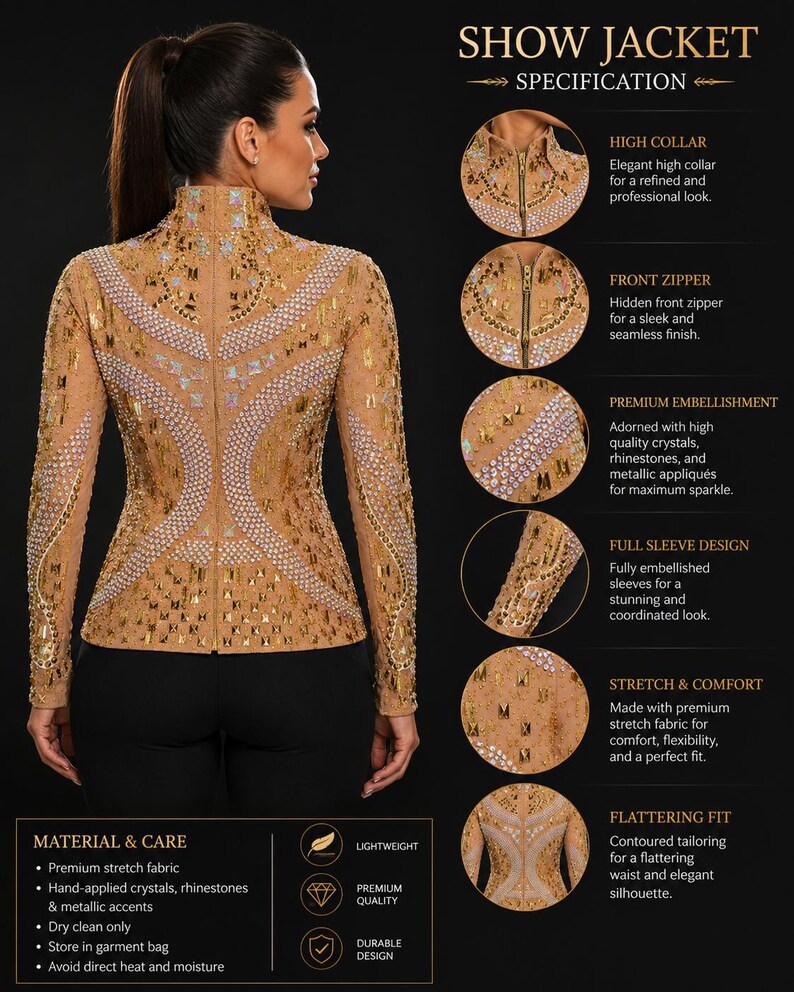 Rhinestone Western Show Jacket, Champagne Base, Gold Embellished Equestrian Apparel image 4