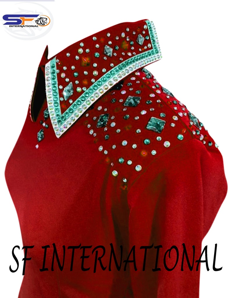 Camisa Western Show con diamantes de imitación rojos, ropa personalizada para espectáculos ecuestres imagen 3