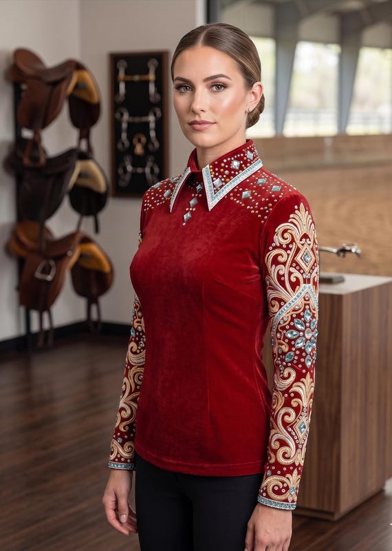 Red Velvet Western Show Shirt – Custom Rhinestone Horsemanship Jacket, Equestrian Apparel