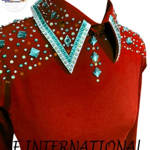 Camisa Western Show con diamantes de imitación rojos, ropa personalizada para espectáculos ecuestres imagen 2