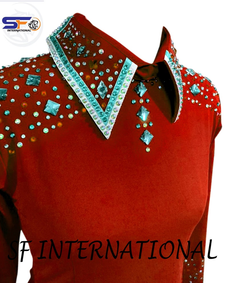Camisa Western Show con diamantes de imitación rojos, ropa personalizada para espectáculos ecuestres imagen 2