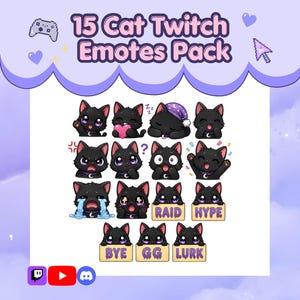 Può includere: Una collezione digitale di 15 emote di gatti neri per Twitch, con varie espressioni e azioni. I gatti hanno grandi occhi viola e indossano collari viola. Alcuni tengono cartelli con il testo RAID, HYPE, BYE, GG e LURK in lettere viola.